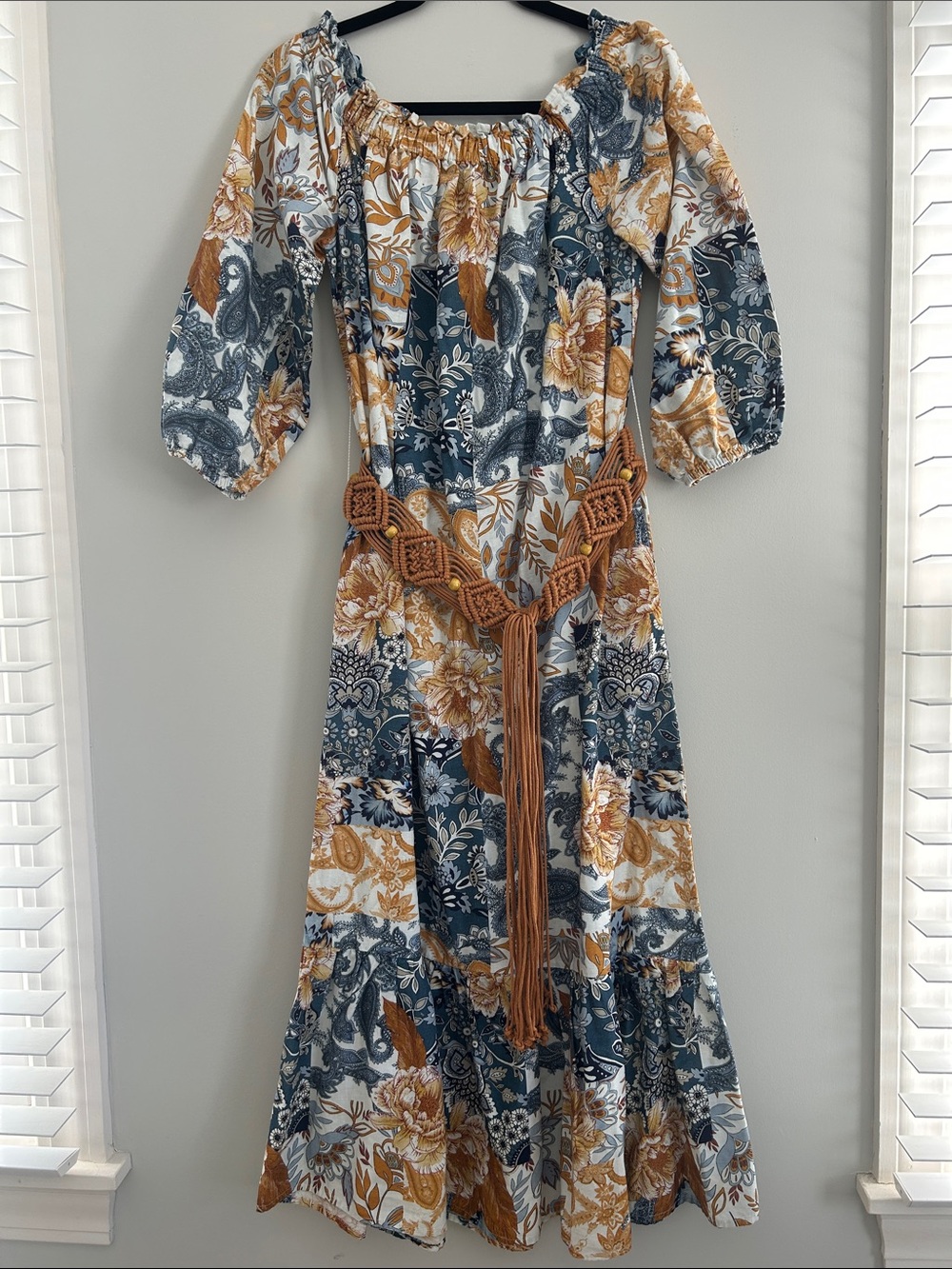 Boston Proper Mustard & Slate Blue Floral Off-Shoulder Maxi Dress